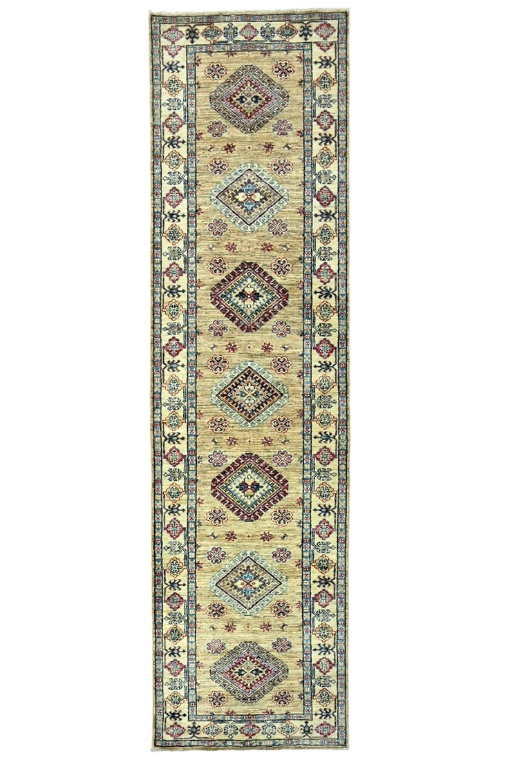 Beige Tribal Geometric 2'7X9'6 Kazak Pakistan Oriental Runner Rug: Title: Beige Tribal Geometric 2'7X9'6 Kazak Pakistan Oriental Runner Rug Description:Handmade 3X11 beige Oriental runner made with vegetable dyes (fine wool pile and cotton foundation), exceptional kn