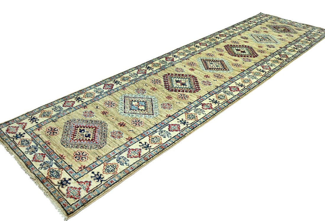 Beige Tribal Geometric 2'7X9'6 Kazak Pakistan Oriental Runner Rug - 5