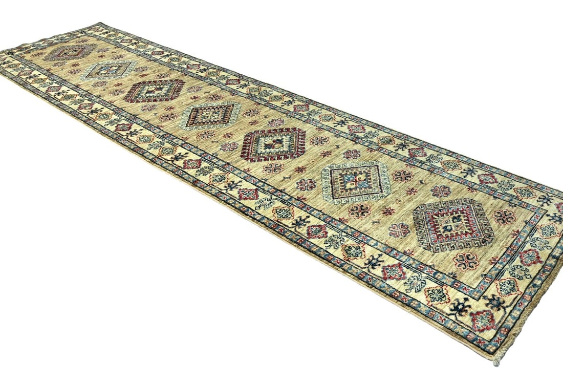 Beige Tribal Geometric 2'7X9'6 Kazak Pakistan Oriental Runner Rug - 6