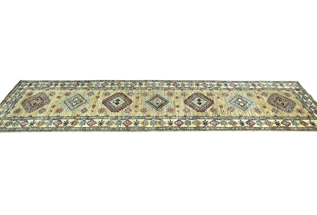 Beige Tribal Geometric 2'7X9'6 Kazak Pakistan Oriental Runner Rug - 7