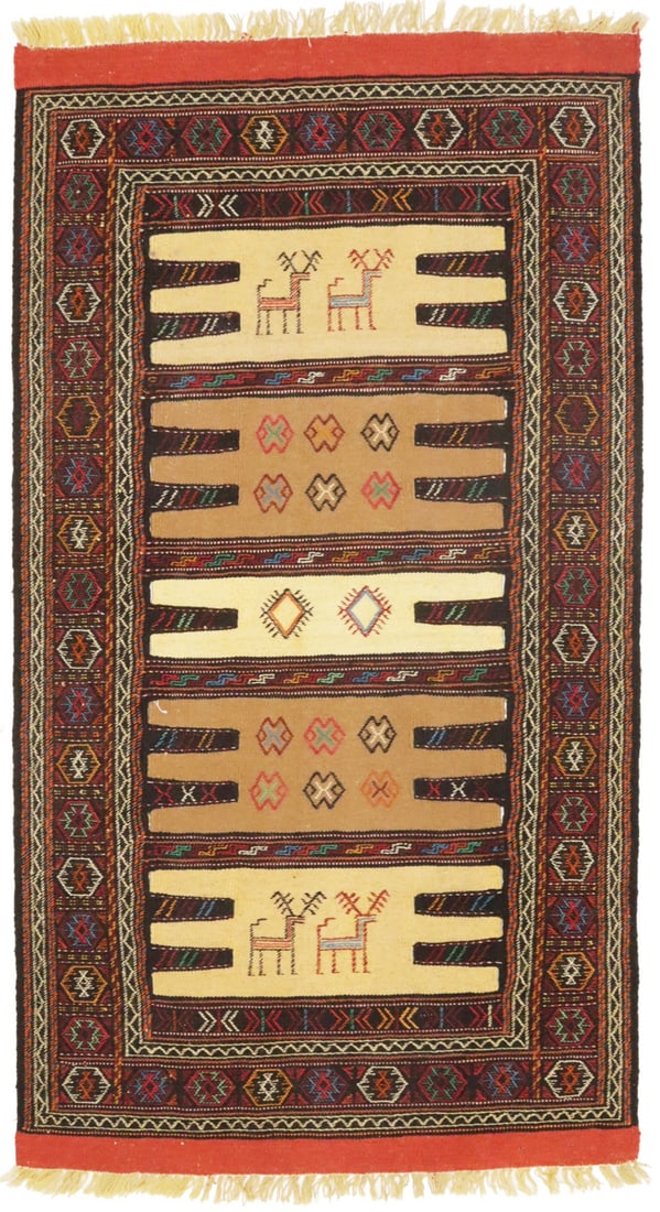 Beige Cream Tribal 3X5'7 Sumak Herati Persian Rug: Title: Beige Cream Tribal 3X5'7 Sumak Herati Persian Rug Description:Handmade 3X5'7 beige Oriental rug made with natural dyes (fine wool pile and cotton foundation), superior knot count, and