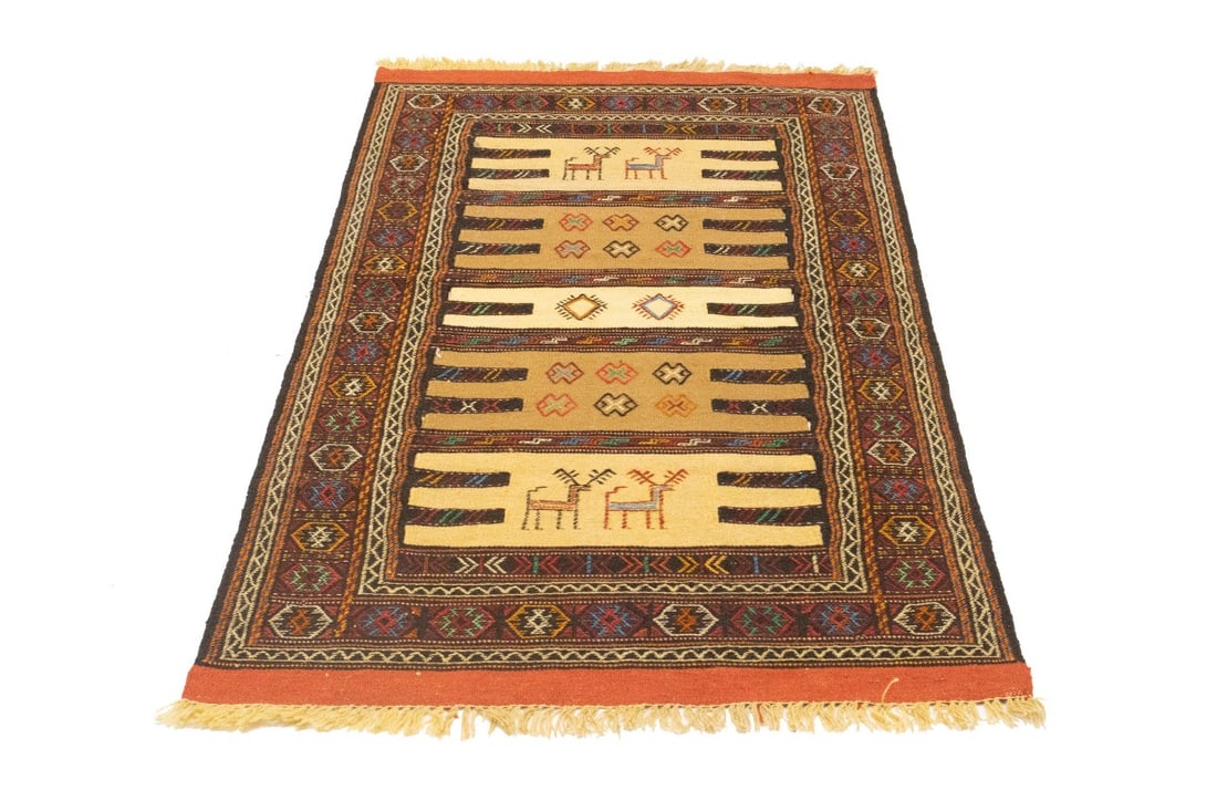 Beige Cream Tribal 3X5'7 Sumak Herati Persian Rug - 3