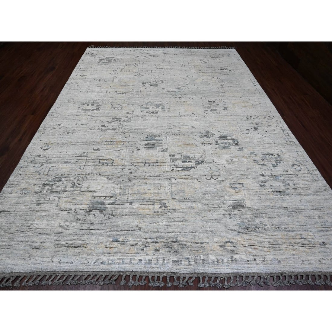 Gray Moroccan Weave Erased Elephant Feet Design Hand Knotted Wool Rug - 2