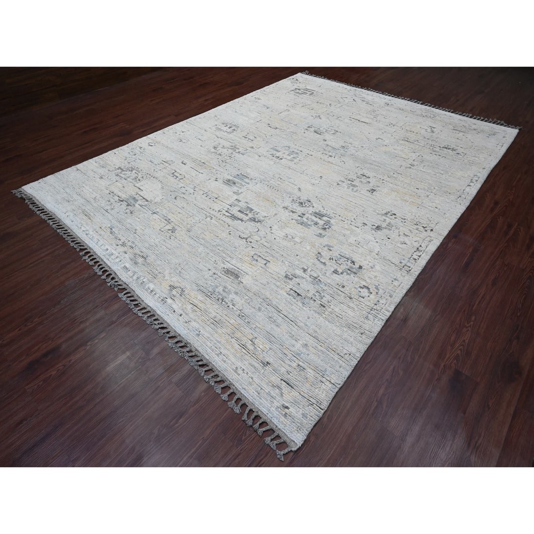 Gray Moroccan Weave Erased Elephant Feet Design Hand Knotted Wool Rug - 3