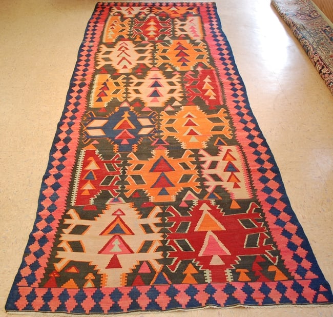 CAUCASIAN KILIM 4.10x13: Title: CAUCASIAN KILIM 4.10x13 Description: ANTIQUE ALL NATURAL DYED WITH VEGETABLE DYE WOOL WOVEN OVER COTTON FOUNDATION WITH DETAILED CAUCASIAN DESIGN PATTERN with exact and very rare size of 4'