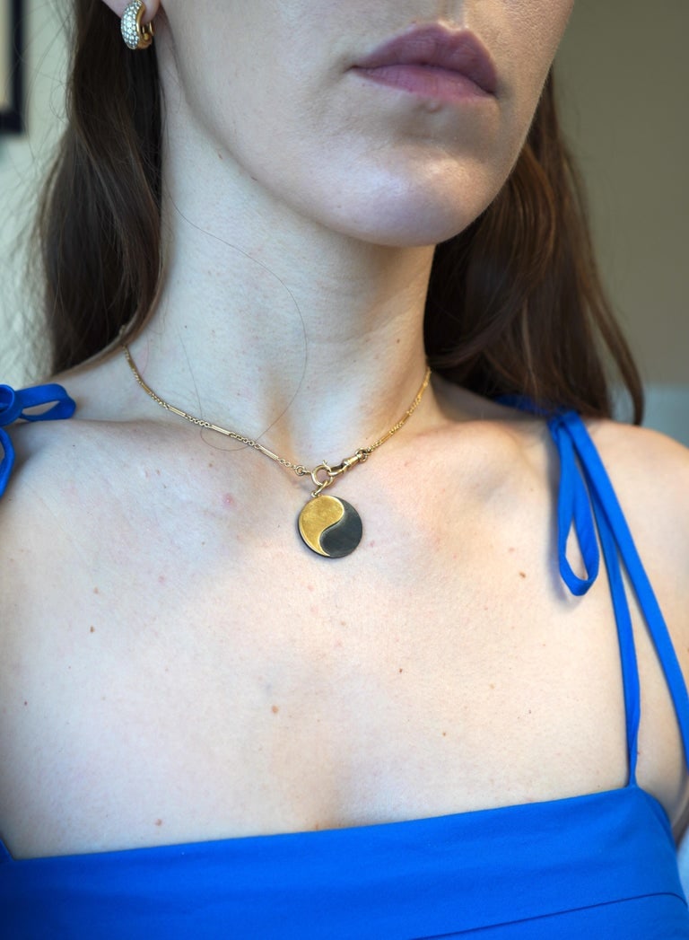 Giolaroh 18k Gold Hematite Yin Yang Pendant 14k Gold Watch Chain Necklace - 2