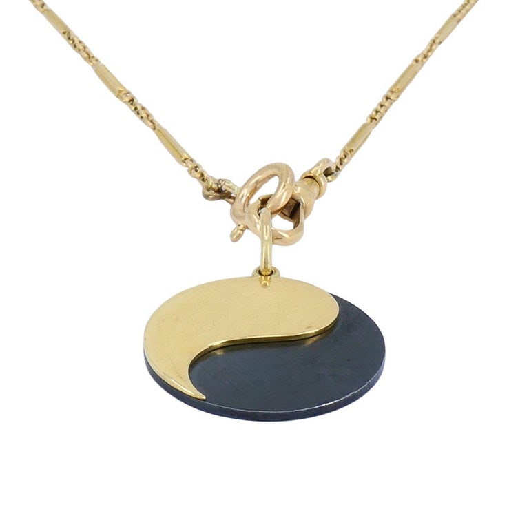 Giolaroh 18k Gold Hematite Yin Yang Pendant 14k Gold Watch Chain Necklace - 4
