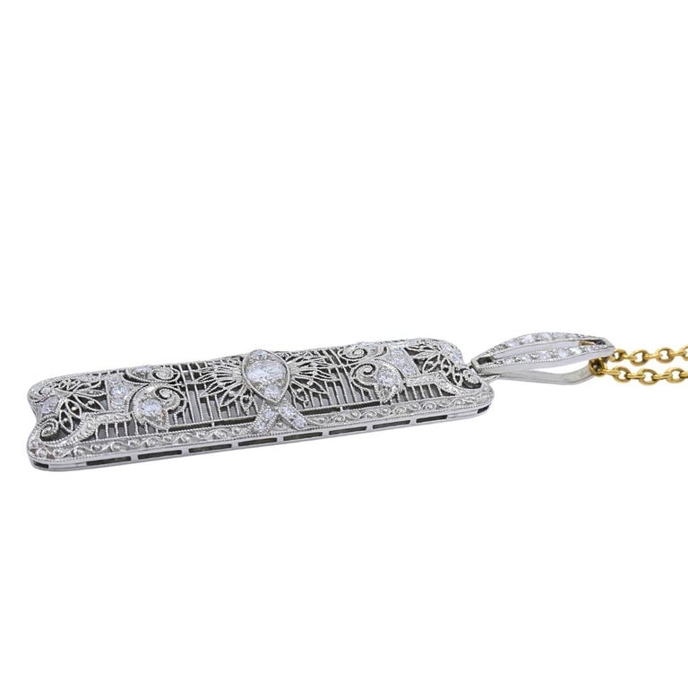 Art Deco Platinum Diamond Filigree Pendant 14k Gold Chain Necklace - 4