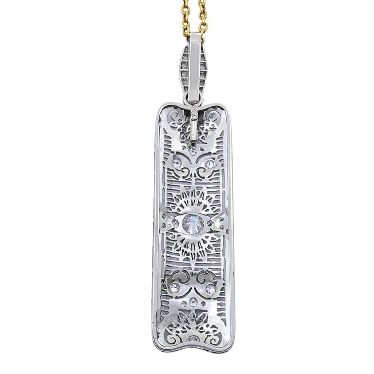 Art Deco Platinum Diamond Filigree Pendant 14k Gold Chain Necklace - 6
