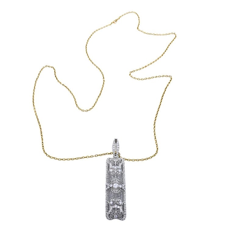 Art Deco Platinum Diamond Filigree Pendant 14k Gold Chain Necklace - 7