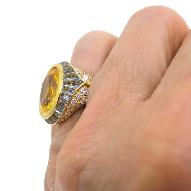 Bvlgari Bulgari Yellow Sapphire Ring Gold Aquamarine Diamond Vintage Jewelry - 5