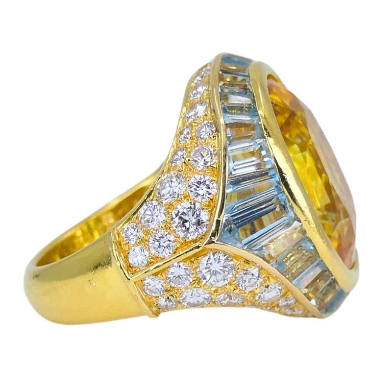 Bvlgari Bulgari Yellow Sapphire Ring Gold Aquamarine Diamond Vintage Jewelry - 7