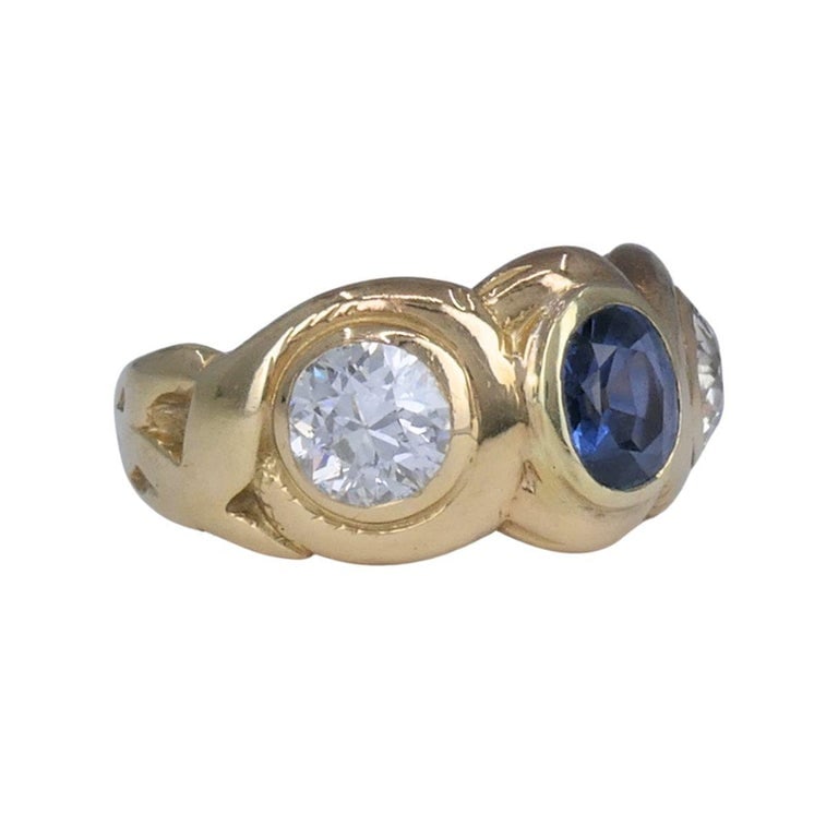 Antique 14k Gold Sapphire Old European Cut Diamond Three Stone Ring - 2