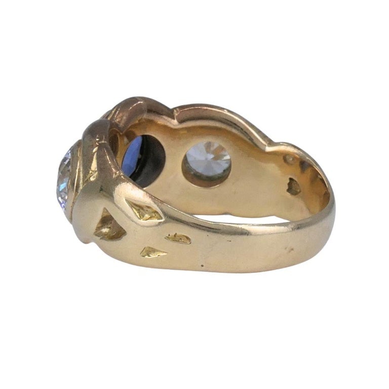 Antique 14k Gold Sapphire Old European Cut Diamond Three Stone Ring - 5