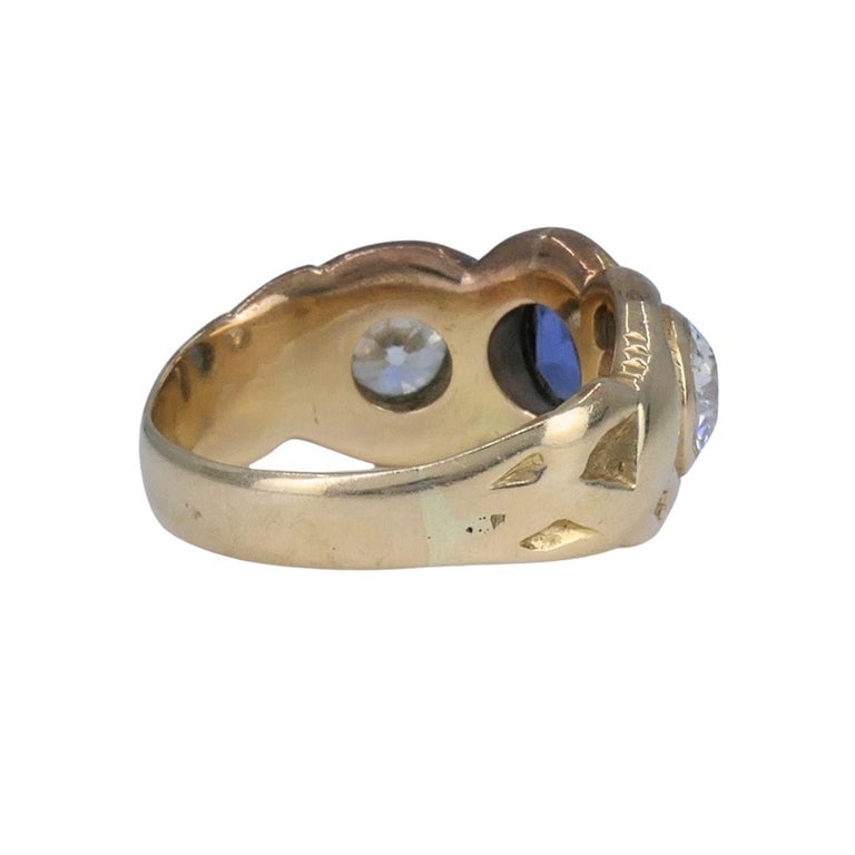 Antique 14k Gold Sapphire Old European Cut Diamond Three Stone Ring - 6