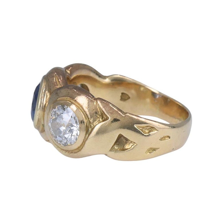 Antique 14k Gold Sapphire Old European Cut Diamond Three Stone Ring - 8