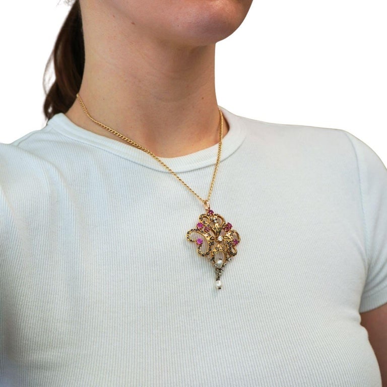 Late Victorian Renaissance Revival Enamel Ruby Diamond Pearl Pendant Necklace - 2