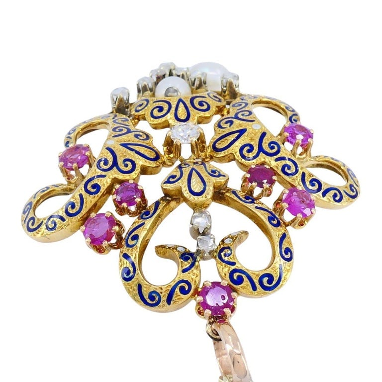 Late Victorian Renaissance Revival Enamel Ruby Diamond Pearl Pendant Necklace - 5