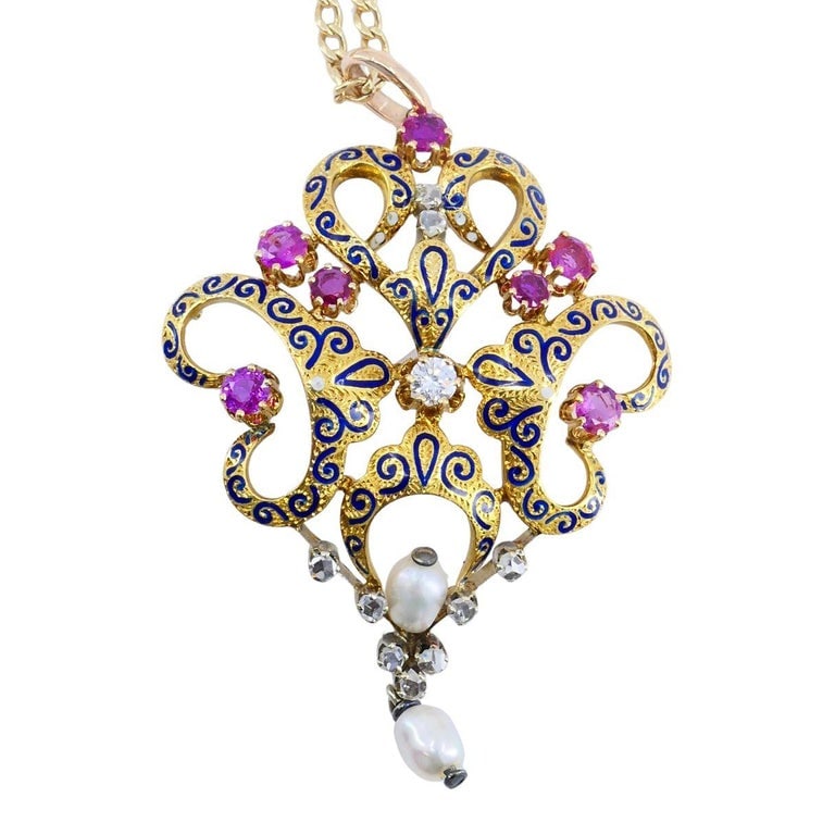 Late Victorian Renaissance Revival Enamel Ruby Diamond Pearl Pendant Necklace - 6
