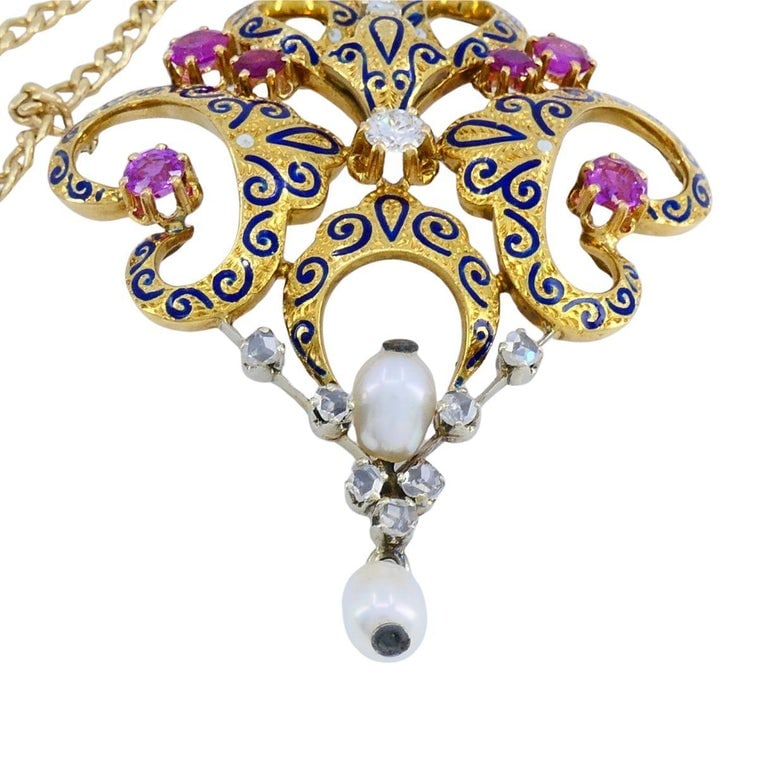 Late Victorian Renaissance Revival Enamel Ruby Diamond Pearl Pendant Necklace - 7