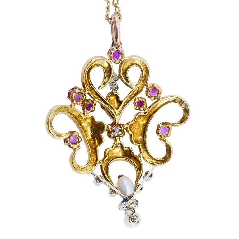 Late Victorian Renaissance Revival Enamel Ruby Diamond Pearl Pendant Necklace - 8