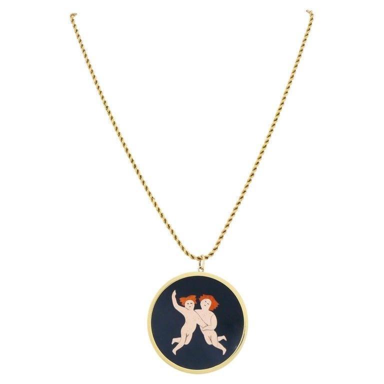 18k Gold Pietra Dura Style Putti Gemini Pendant Rope Chain Necklace (1 of 11)