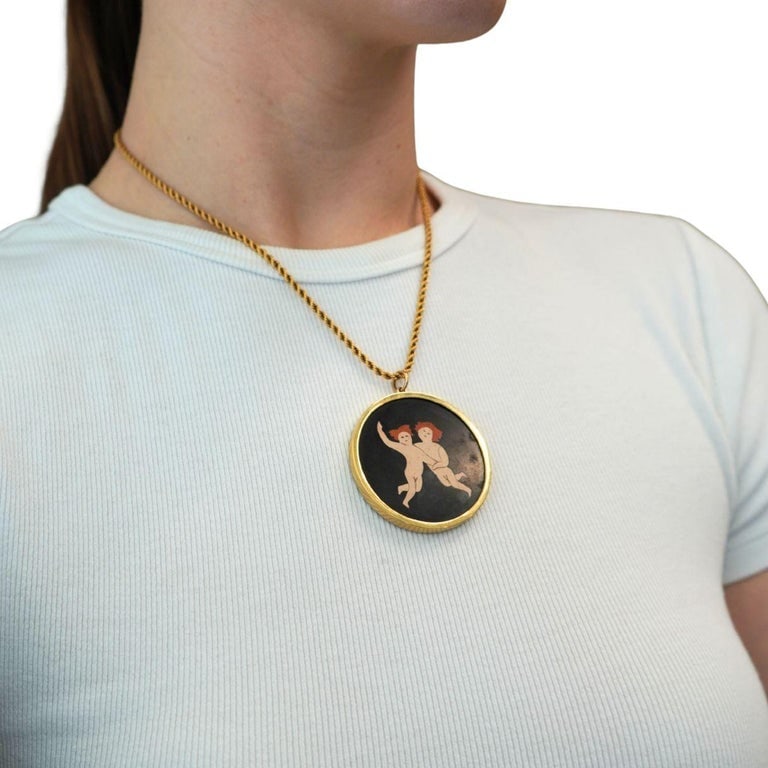 18k Gold Pietra Dura Style Putti Gemini Pendant Rope Chain Necklace - 2