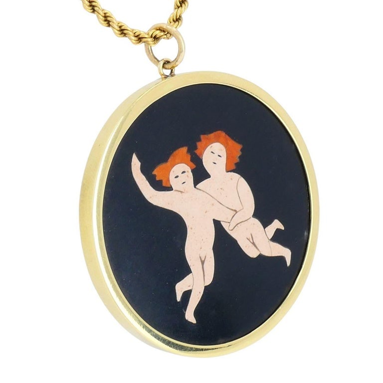 18k Gold Pietra Dura Style Putti Gemini Pendant Rope Chain Necklace - 6