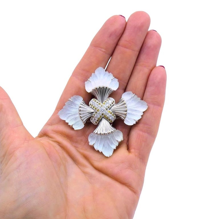 Seaman Schepps 18k Gold Diamond Maltese Cross Brooch Carved Rock Crystal Sapphir - 8
