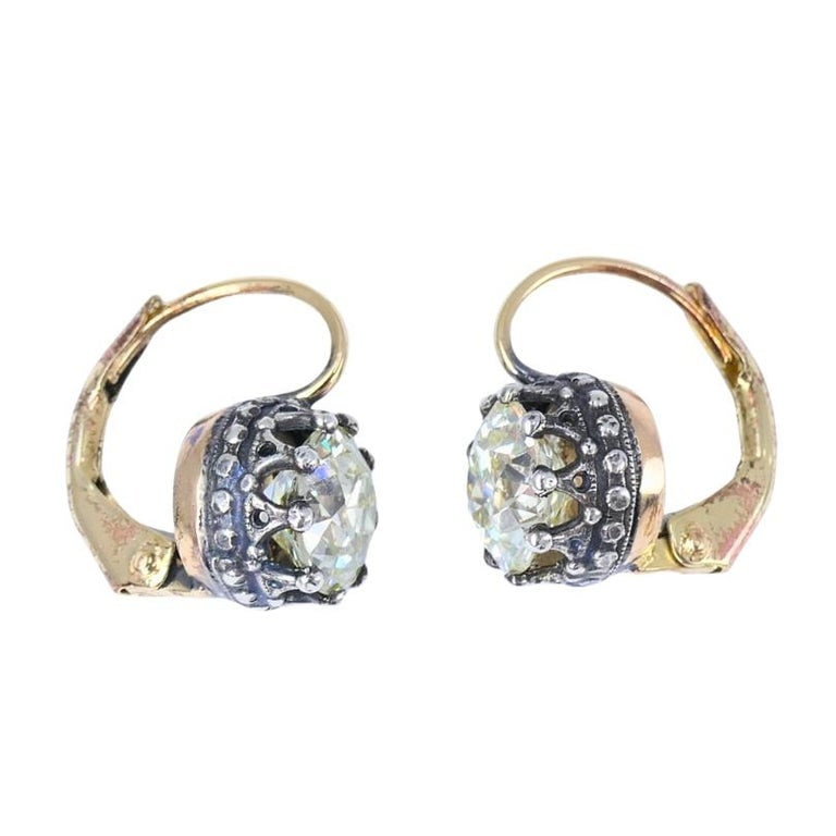 Victorian Diamond Drop Earrings 14k Gold Silver Old European Cut, Antique - 5