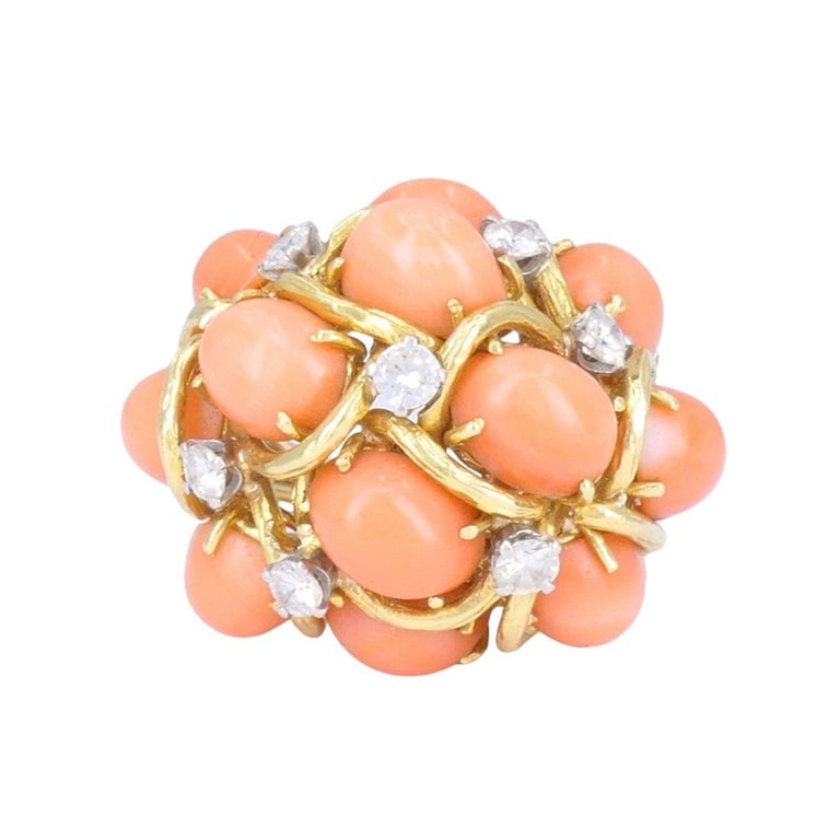David Webb 18k Gold Coral Diamond Cocktail Dome Ring - 2