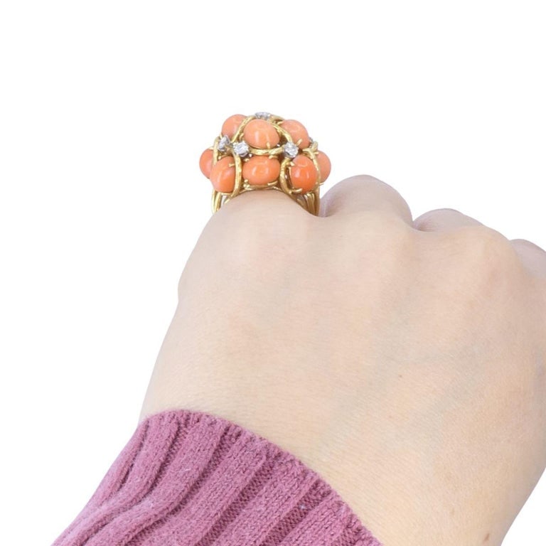 David Webb 18k Gold Coral Diamond Cocktail Dome Ring - 4