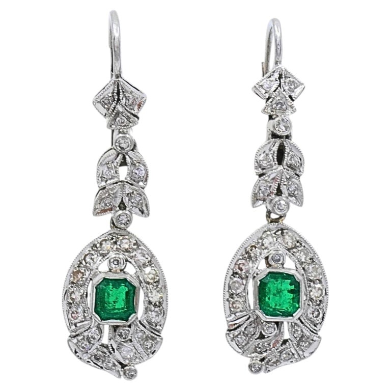 Art Deco-Style 12k White Gold Emerald Diamond Drop Earrings (1 of 9)