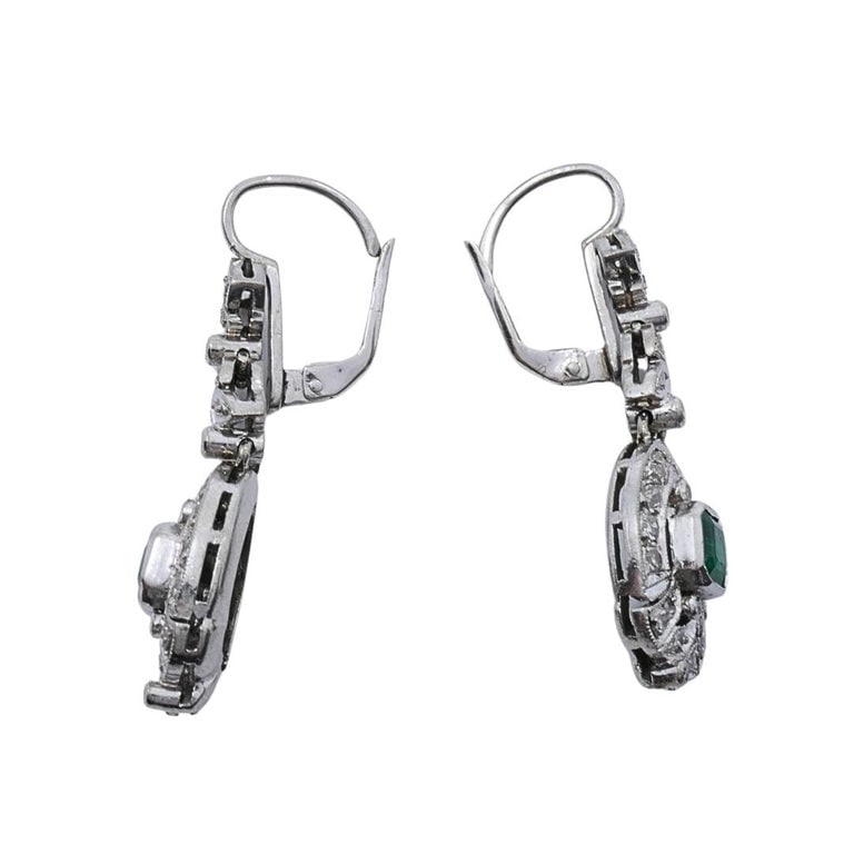Art Deco-Style 12k White Gold Emerald Diamond Drop Earrings - 6
