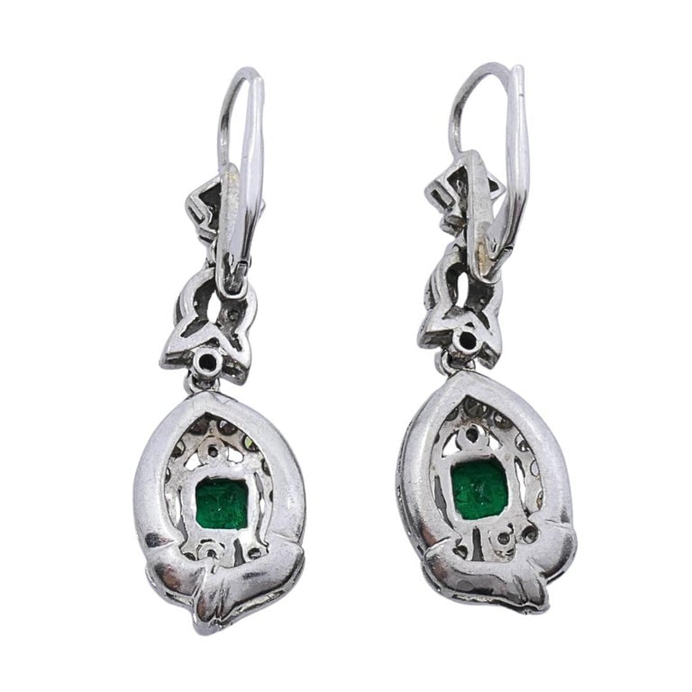 Art Deco-Style 12k White Gold Emerald Diamond Drop Earrings - 7