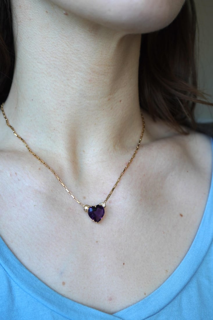 UnoAErre Italian 14k Gold Diamond Amethyst Heart Pendant Necklace - 2