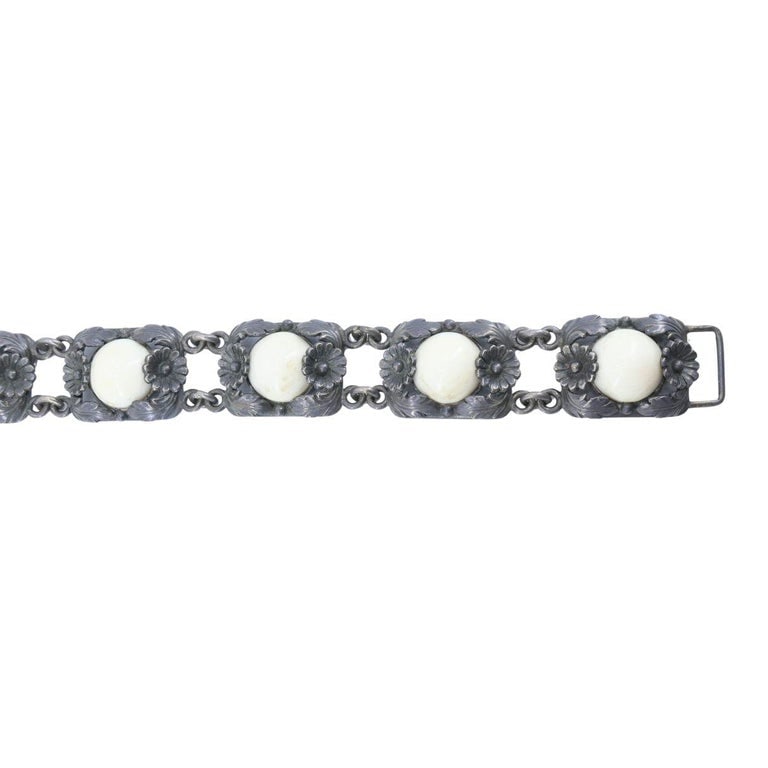 Vintage N.E. From Denmark Sterling Silver Bone Cabochon Bracelet - 11