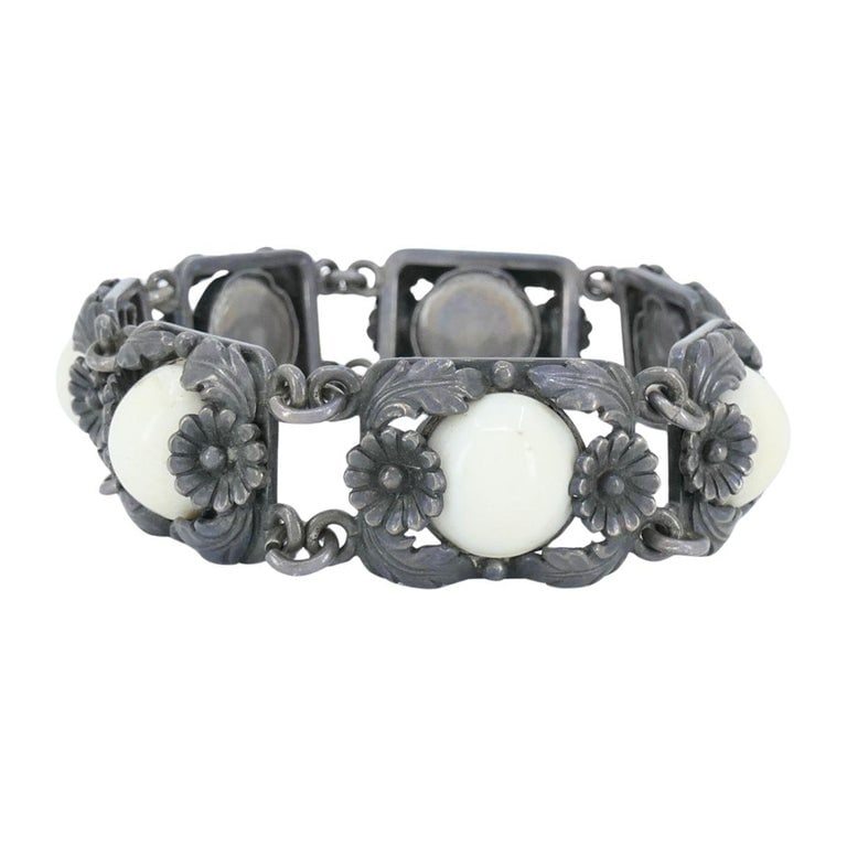 Vintage N.E. From Denmark Sterling Silver Bone Cabochon Bracelet - 4