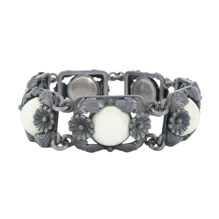 Vintage N.E. From Denmark Sterling Silver Bone Cabochon Bracelet - 7