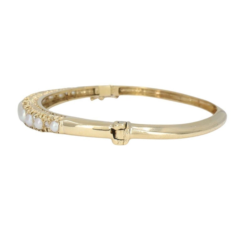 Antique Victorian 14k Yellow Gold Pearl Diamond Hinged Bangle Bracelet - 4