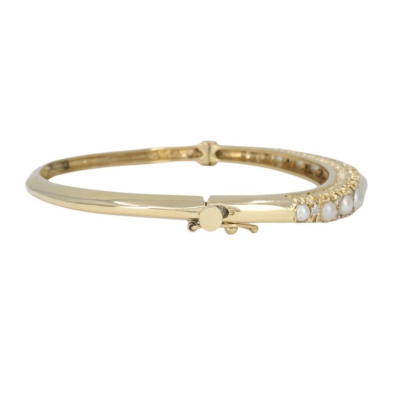 Antique Victorian 14k Yellow Gold Pearl Diamond Hinged Bangle Bracelet - 5