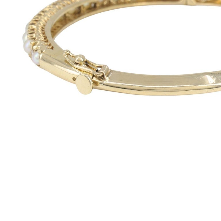 Antique Victorian 14k Yellow Gold Pearl Diamond Hinged Bangle Bracelet - 7