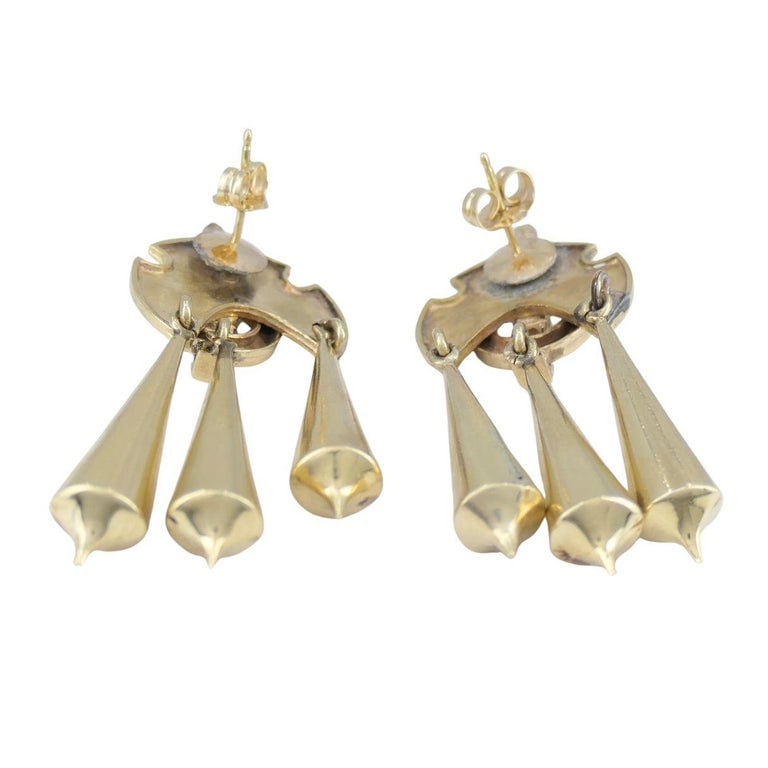 Victorian 14k Gold Enamel Seed Pearl Mechanical Drop Earrings - 10