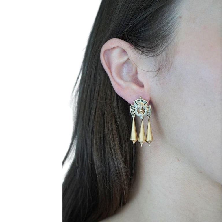 Victorian 14k Gold Enamel Seed Pearl Mechanical Drop Earrings - 2