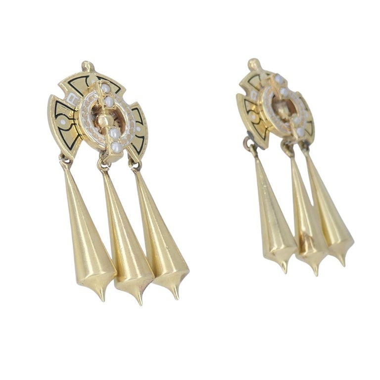 Victorian 14k Gold Enamel Seed Pearl Mechanical Drop Earrings - 4
