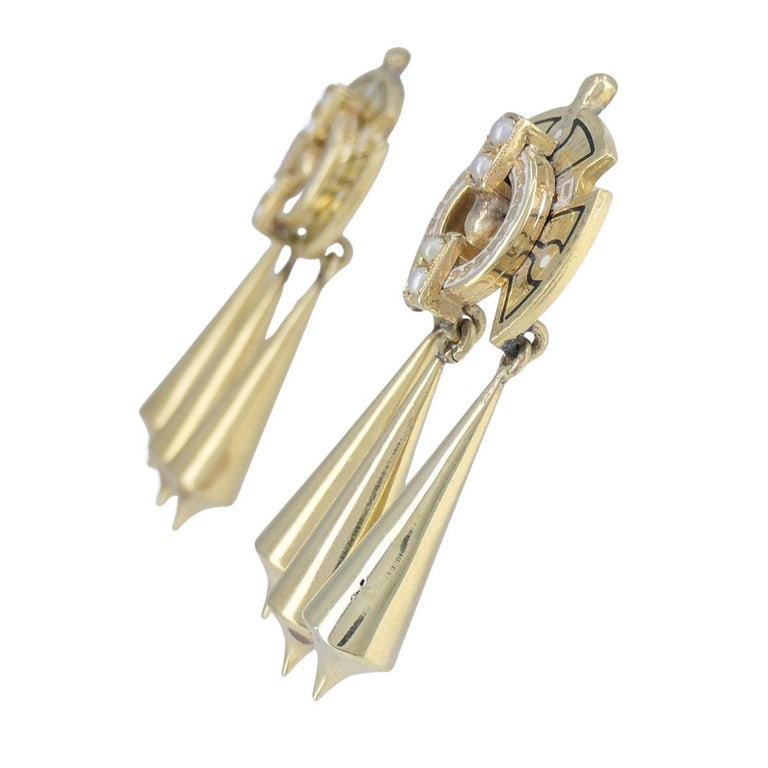 Victorian 14k Gold Enamel Seed Pearl Mechanical Drop Earrings - 5