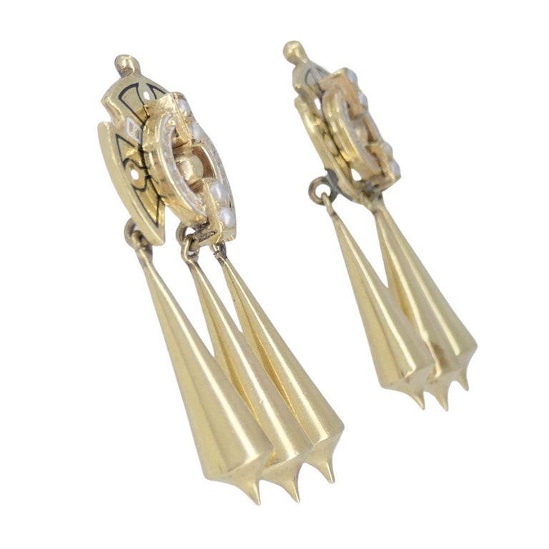 Victorian 14k Gold Enamel Seed Pearl Mechanical Drop Earrings - 6