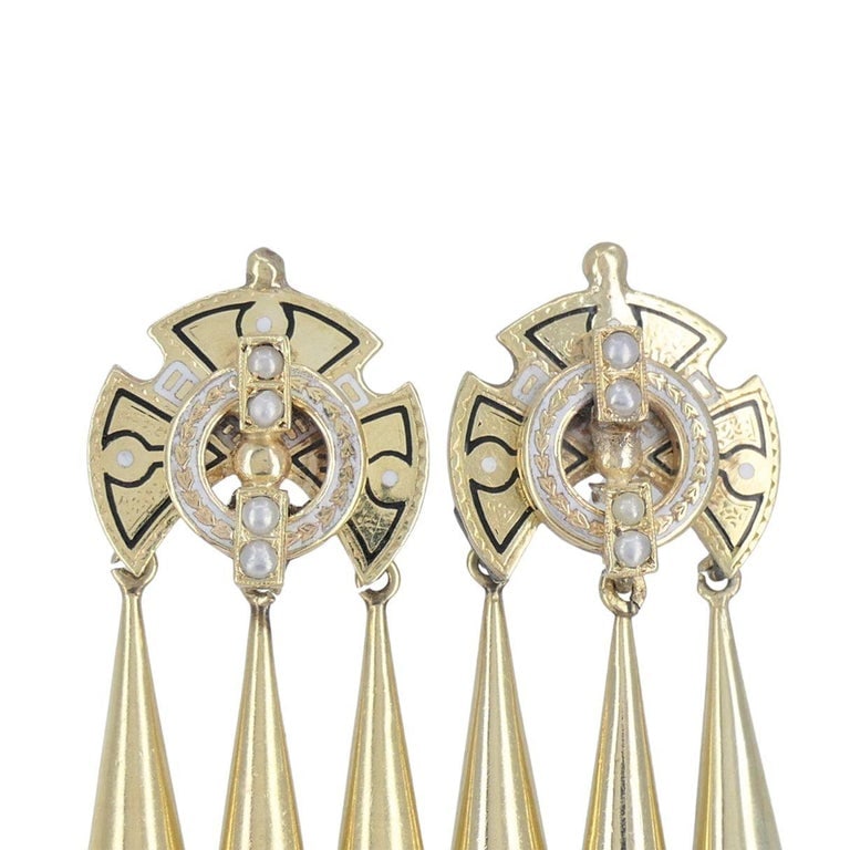 Victorian 14k Gold Enamel Seed Pearl Mechanical Drop Earrings - 7