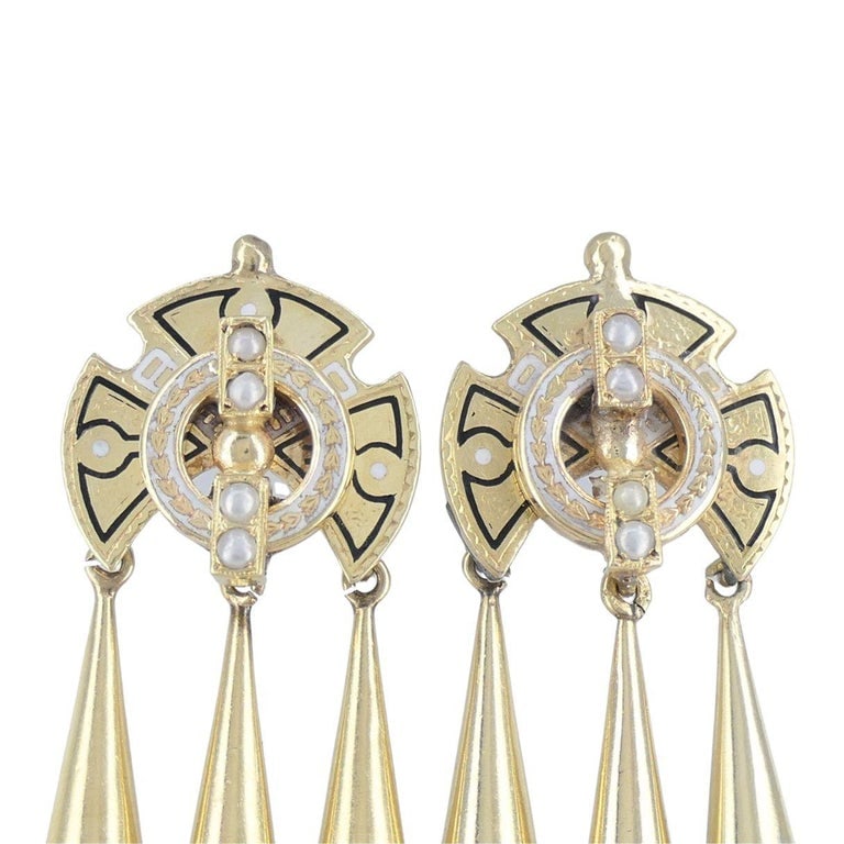 Victorian 14k Gold Enamel Seed Pearl Mechanical Drop Earrings - 8