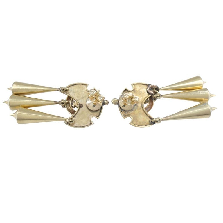 Victorian 14k Gold Enamel Seed Pearl Mechanical Drop Earrings - 9